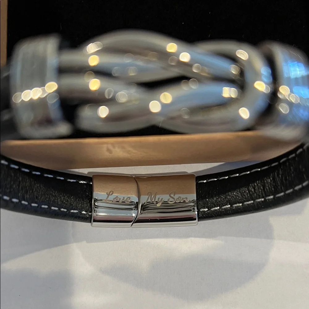 Men's (Mother/Son) Silver Stainless Steel and Black Leather Bracelet-NIB - Picture 4 of 5